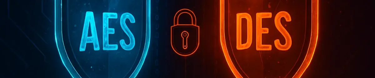 Two shields, one blue labeled AES and one orange labeled DES, facing off