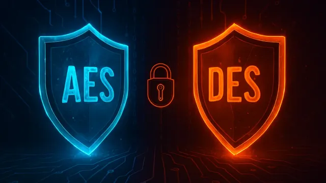 Two shields, one blue labeled AES and one orange labeled DES, facing off