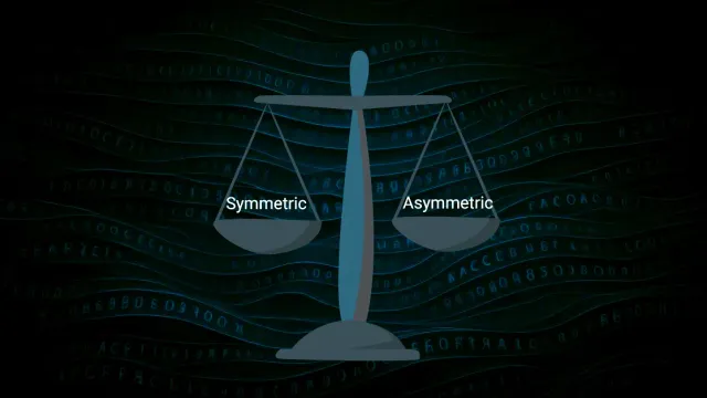 A balance scale weighing symmetric encryption against asymmetric encryption