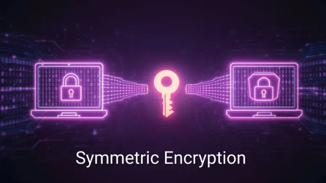 Two laptops exchanging a single shared key, representing symmetric encryption