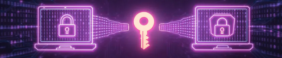 Two laptops exchanging a single shared key, representing symmetric encryption