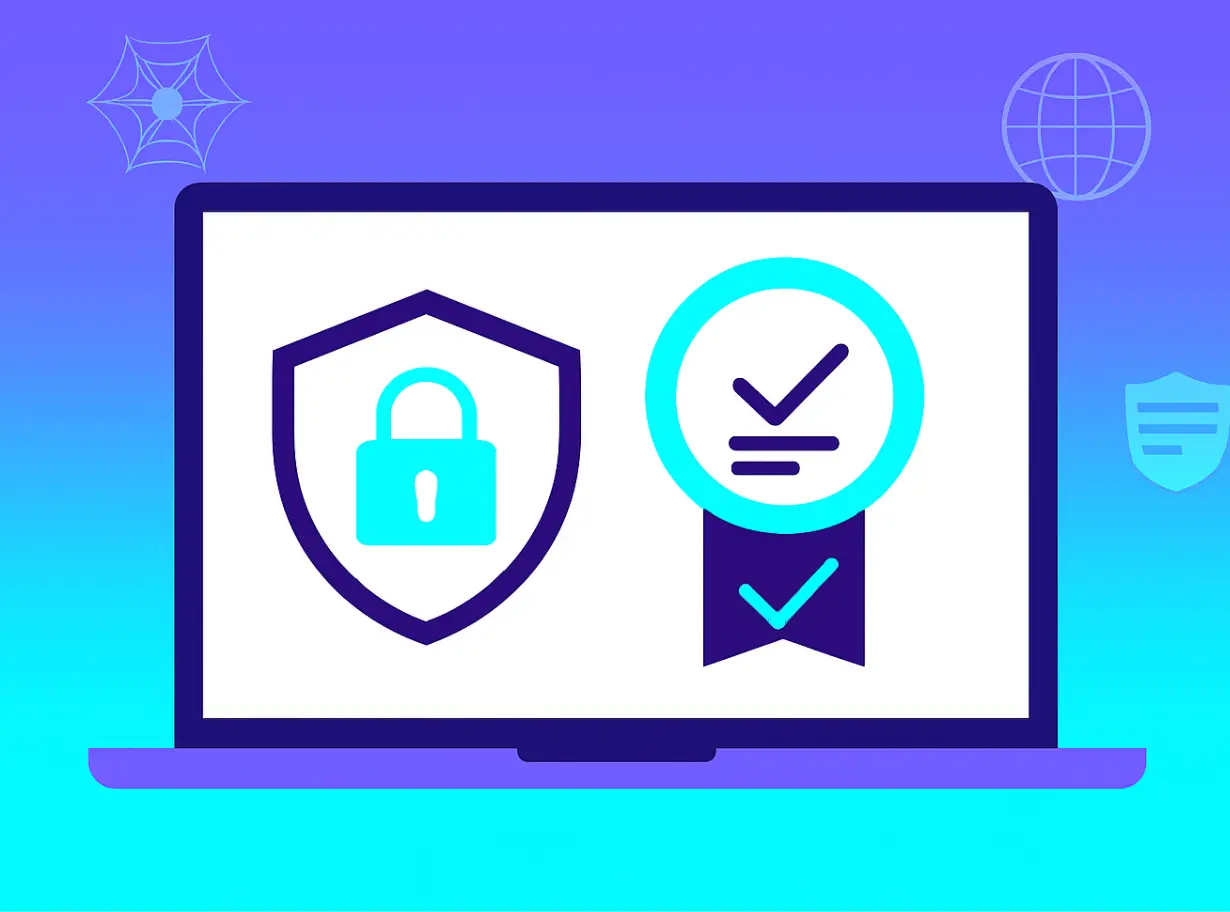 Illustration of a laptop showing a padlock shield icon beside a certification badge with a checkmark
