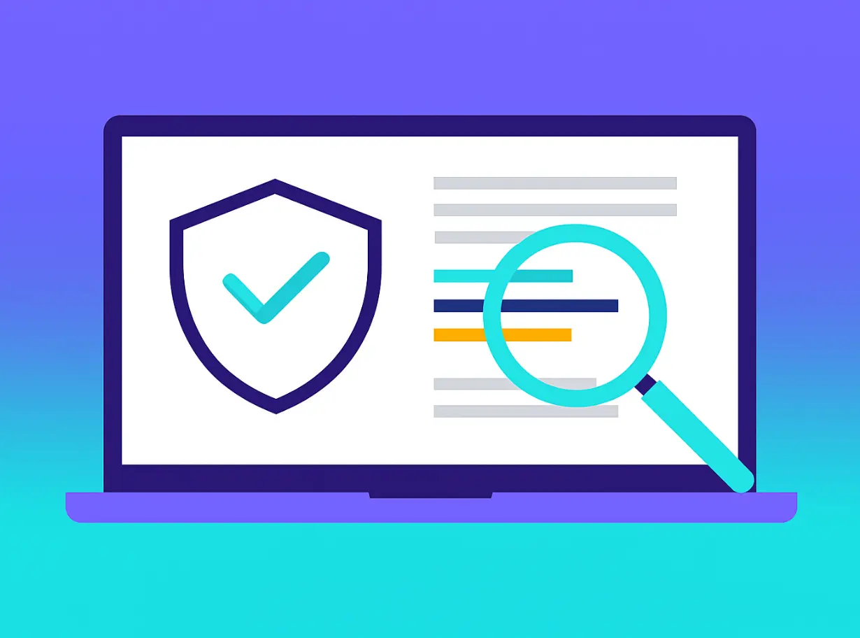 Illustration of a laptop showing a shield with a checkmark next to a magnifying glass reviewing highlighted lines of text